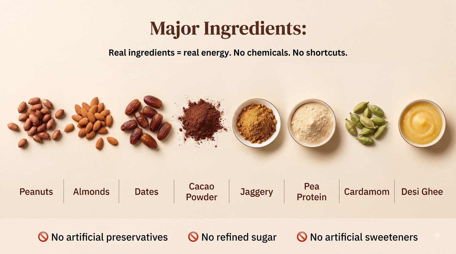 Major Ingredients: Peanuts, Almonds, Dates, Cacao Powder, Jaggery, Pea Protein, Cardamom, Desi Ghee. Real ingredients = real energy. No chemicals. No shortcuts. No artificial preservatives. No refined sugar. No artificial sweeteners.
