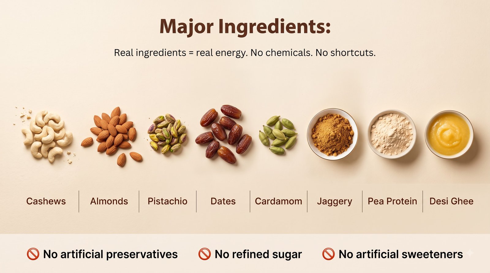 Major Ingredients: Cashews, Almonds, Pistachio, Dates, Cardamom, Jaggery, Pea Protein, Desi Ghee. Real ingredients = real energy. No chemicals. No shortcuts. No artificial preservatives. No refined sugar. No artificial sweeteners.