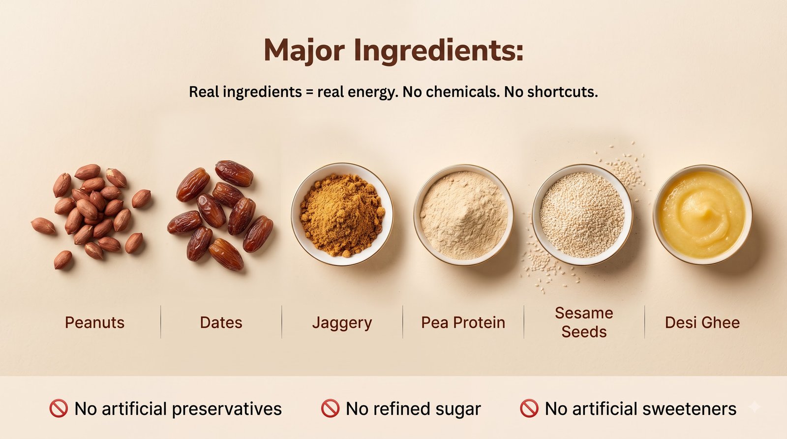 Major Ingredients: Peanuts, Dates, Jaggery, Pea Protein, Sesame Seeds, Desi Ghee. Real ingredients = real energy. No chemicals. No shortcuts. No artificial preservatives. No refined sugar. No artificial sweeteners.